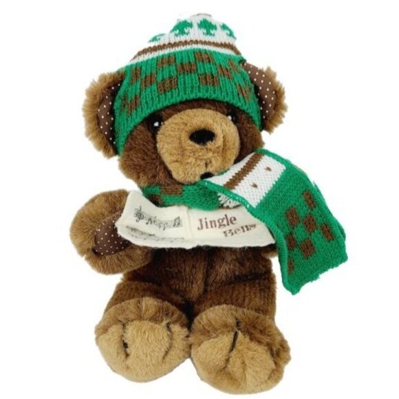 Vintage 80s Swib Christmas Caroling Bear 13 in Plush Brown Hat Scarf Stuffed Toy - Picture 1 of 6